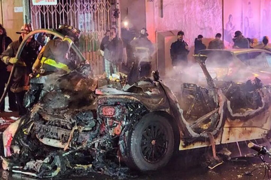 A burnt car.